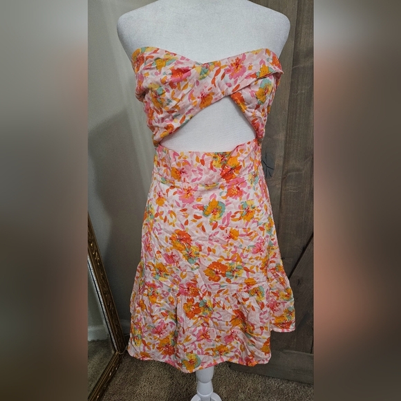 LE LIS Strapless Cut Out Floral Mini Dress In Pink/orange. Size Medium - Picture 8 of 14